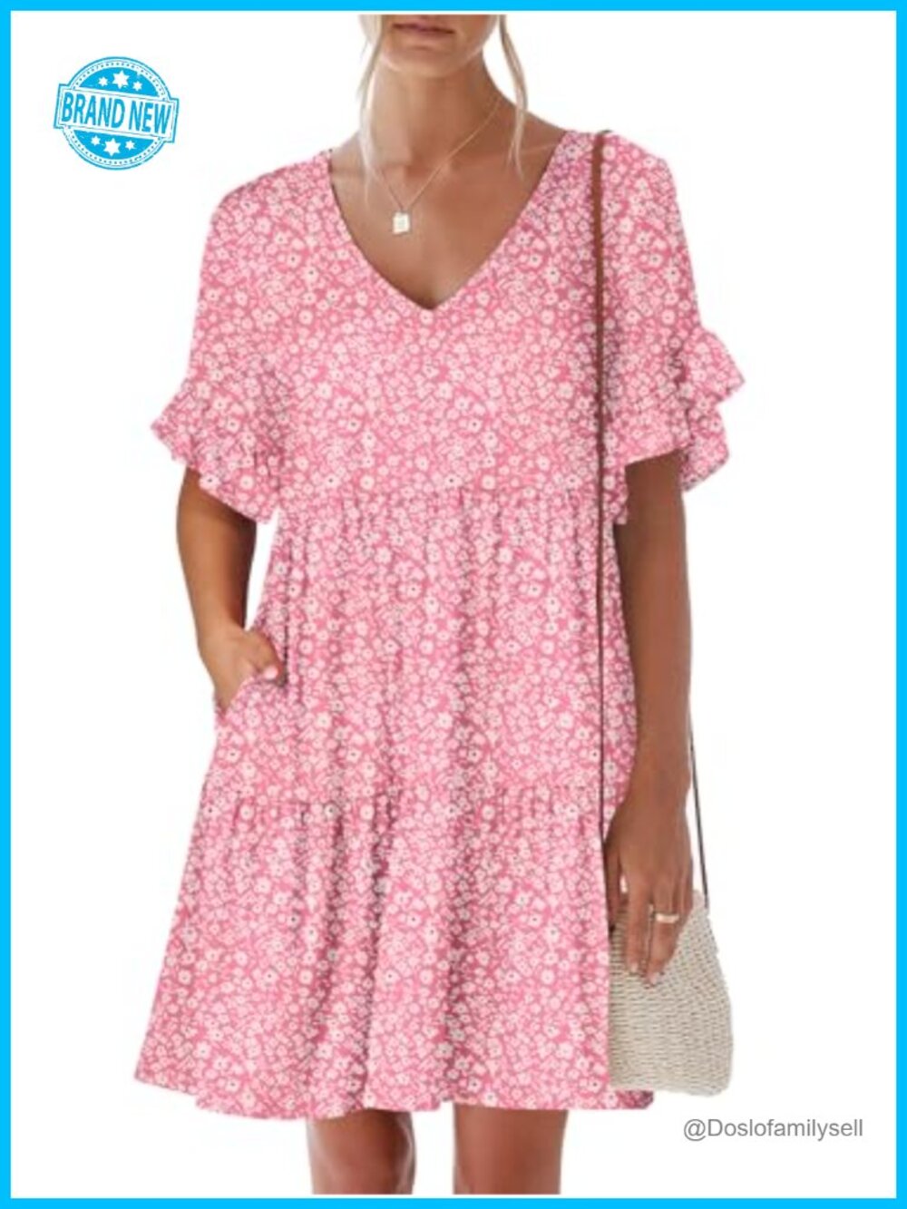 ANRABESS Womens Summer Mini Dress V Neck Ruffle Sleeve A-Line Casual